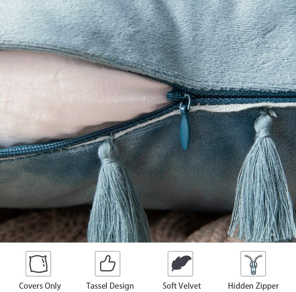 MIULEE Light Blue Throw Pillow Cover with Tassels Fringe Velvet Soft