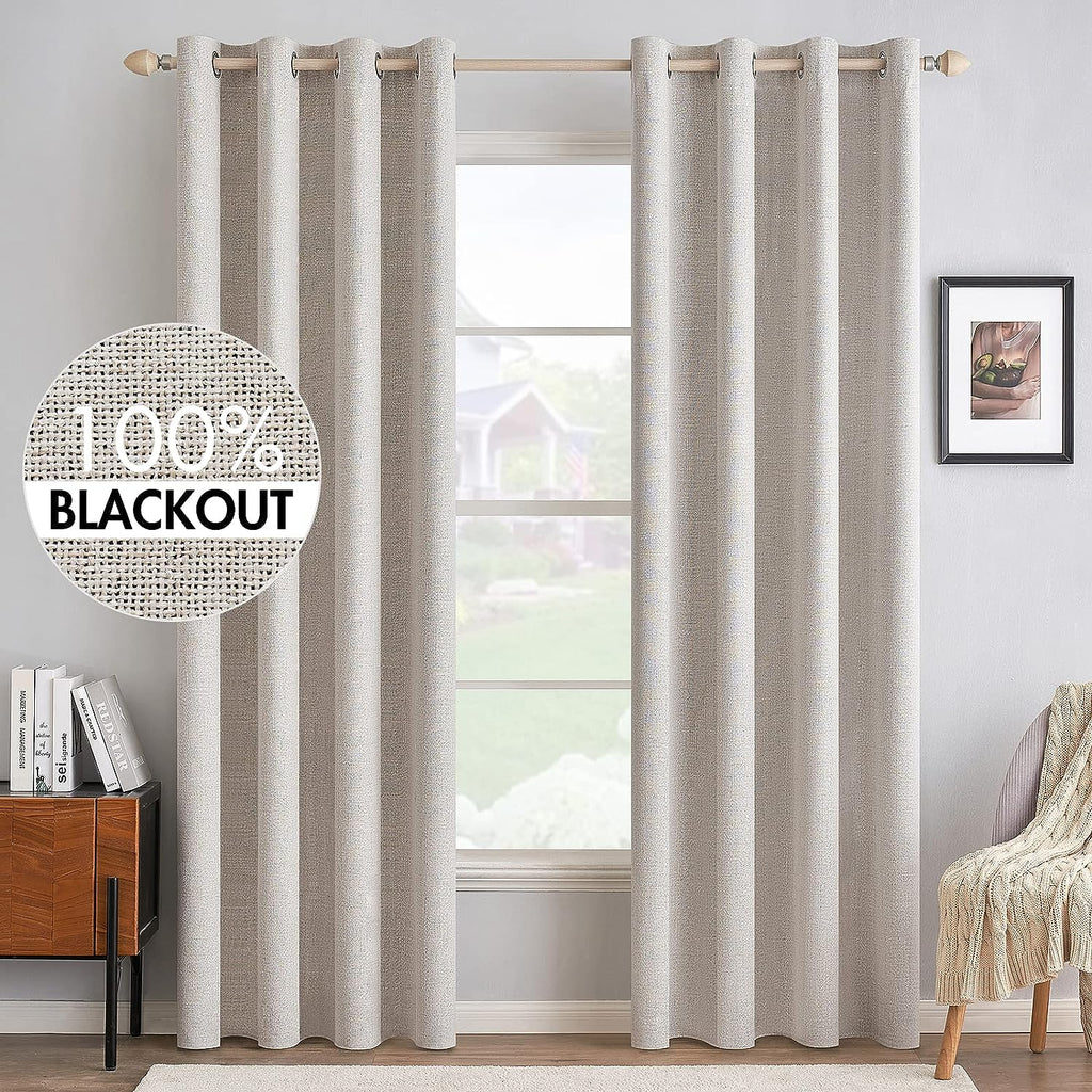 MIULEE 100% Blackout Linen Textured Curtains for Bedroom Solid Thermal Insulated Ivory Grommet Room Darkening Curtains & Drapes Luxury Decor for Living Room Nursery 52 x 84 Inch (2 Panels)