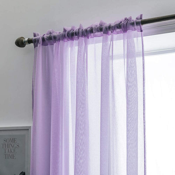 MIULEE Purple Sheer Tiers Short Kitchen Curtains, Linen Textured Semi Sheer Voile Drapes for Small Half Window 2 Panels