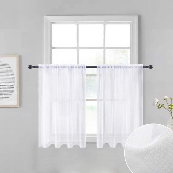 MIULEE White Sheer Tiers Short Kitchen Curtains, Linen Textured Semi Sheer Voile Drapes for Small Half Window 2 Panels