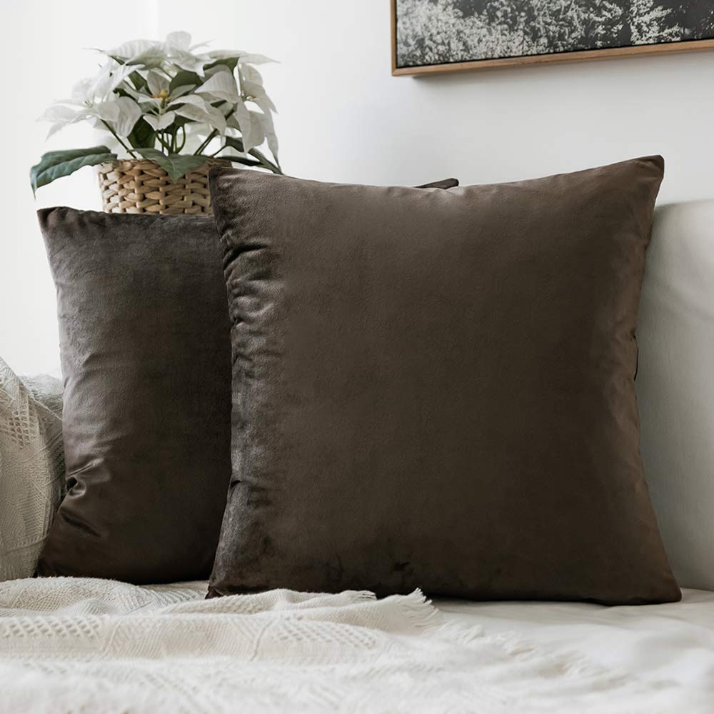 Miulee Velvet Pillow Covers Dark Coffee Decorative Square Pillowcase Soft Solid Cushion Case 2 Pack.