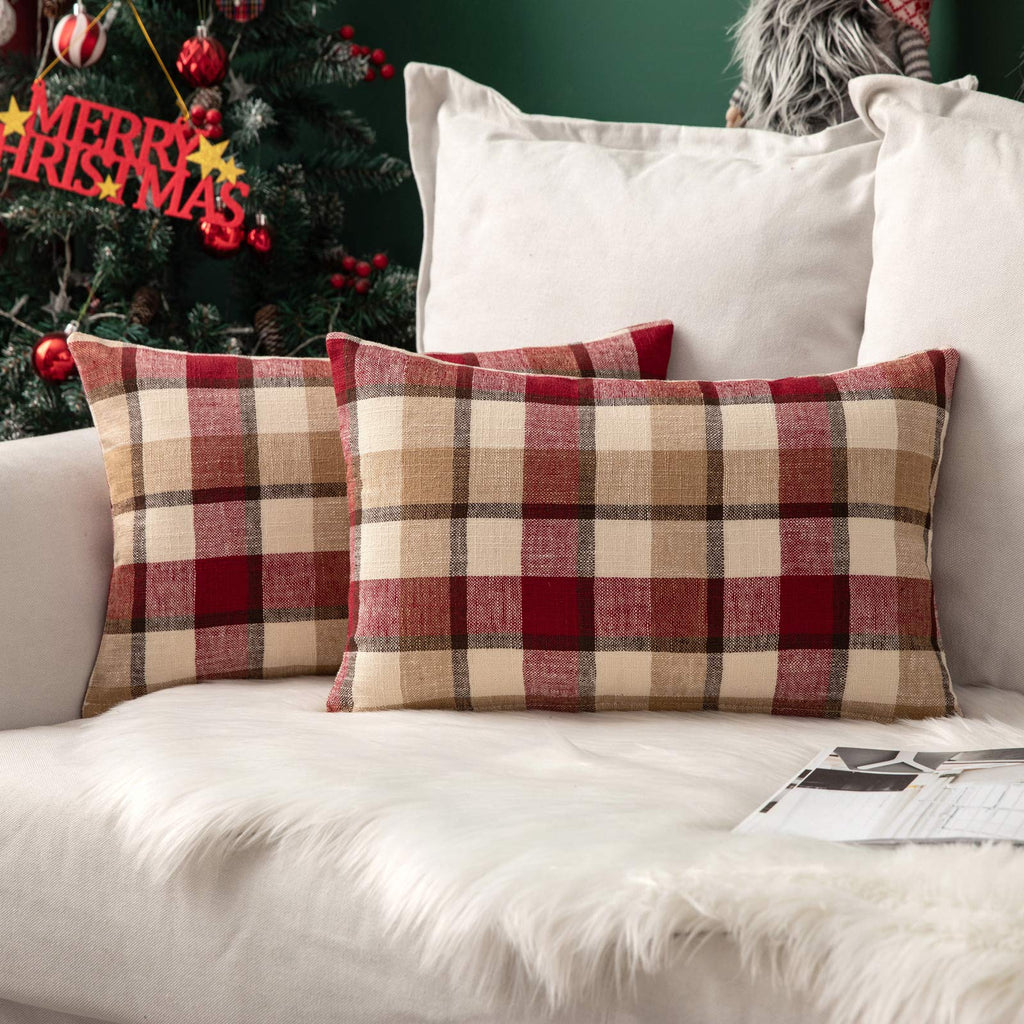 Miulee Decorative Throw Pillow Covers Checkered Plaids Tartan Cotton Linen Rustic Farmhouse Square Cushion Case 2 Pack