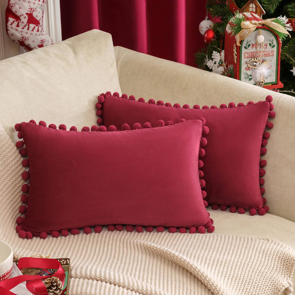 MIULEE Velvet Christmas Throw Pillow Covers with Cute Pom-poms Decorative Soft Pillowcases Square Farmhouse Cushion Covers 2 Pack