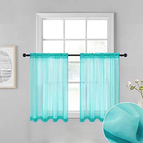 MIULEE Turquoise Sheer Tiers Short Kitchen Curtains, Linen Textured Semi Sheer Voile Drapes for Small Half Window 2 Panels