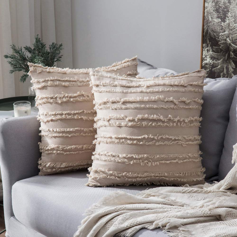 Miulee Beige Decorative Boho Throw Pillow Covers Cotton Linen Striped Jacquard Pattern Cushion Covers 2 Pack.