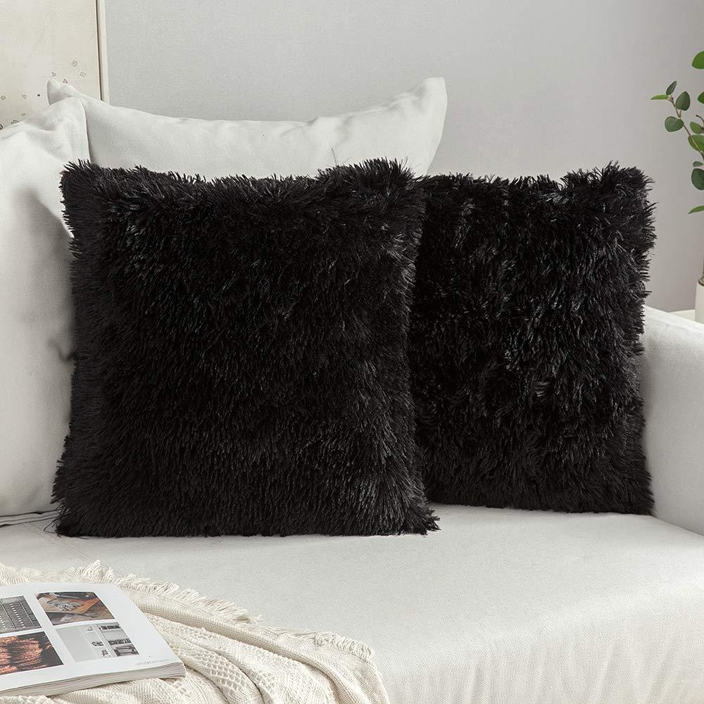 Miulee Black Christmas Decoration Luxury Faux Fur Throw Pillow Cover Deluxe Plush Cushion Cover Shell 2 Pack.