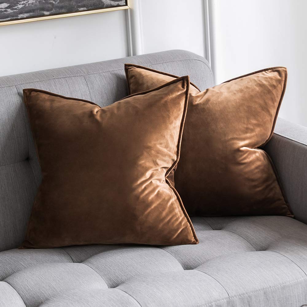 Miulee Chocolate Decorative Velvet Throw Pillow Cover Soft Soild Square Flanged Cushion Case 2 Pack.