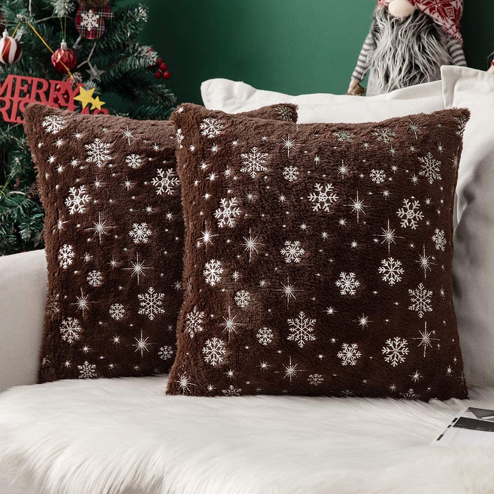 MIULEE Decorative Throw Pillow Covers, Soft Faux Fur Pillow Cases Covers with Silver Snowflake Glitter Printed Cute Pillowcases 2 Pack.