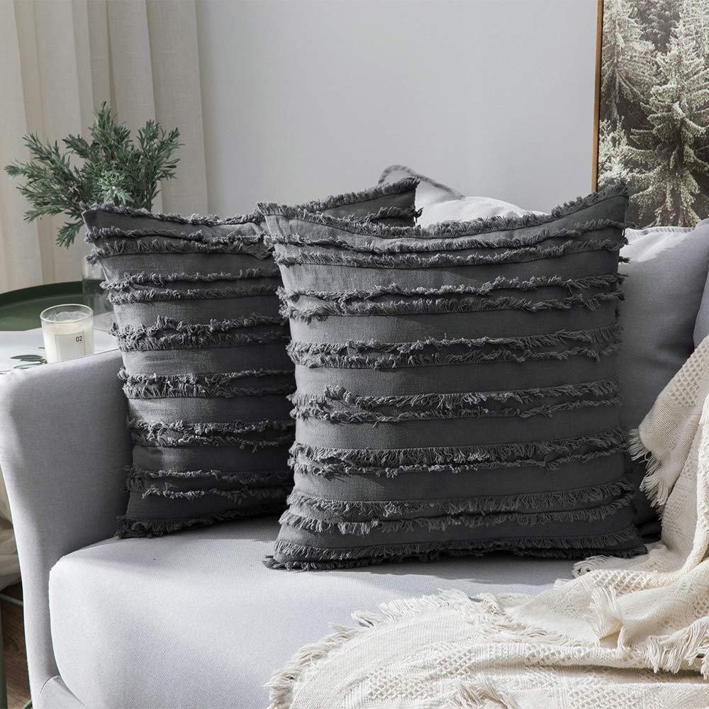Miulee Dark Grey Decorative Boho Throw Pillow Covers Cotton Linen Striped Jacquard Pattern Cushion Covers 2 Pack.