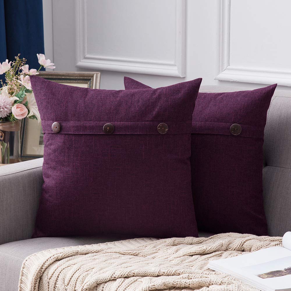 Miulee Dark Purple Decorative Linen Throw Pillow Covers Triple Button Vintage Farmhouse Cushion Case 2 Pack.