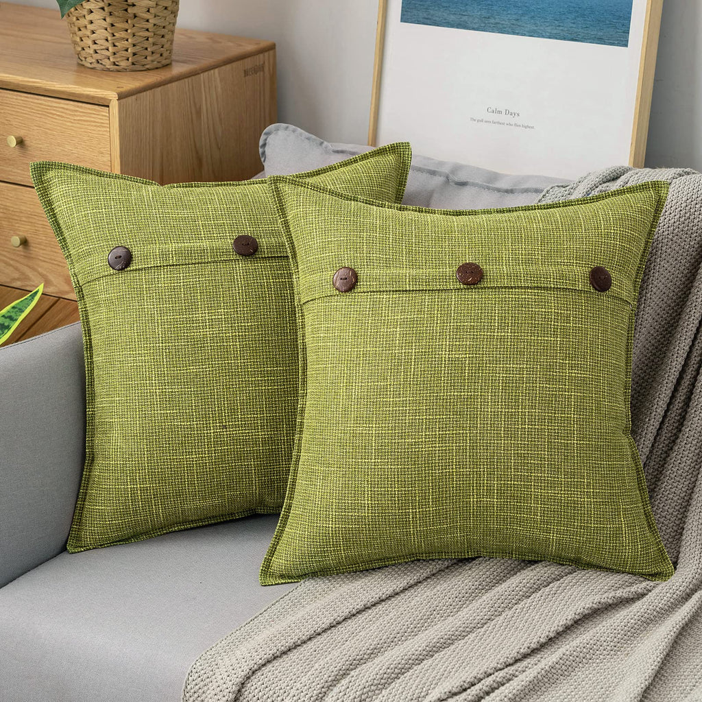 MIULEE Farmhouse Linen Throw Pillow Covers Decorative Triple Button Square Pillowcases Trimmed Edge Burlap Cushion Cases for Couch Sofa 2 Pack