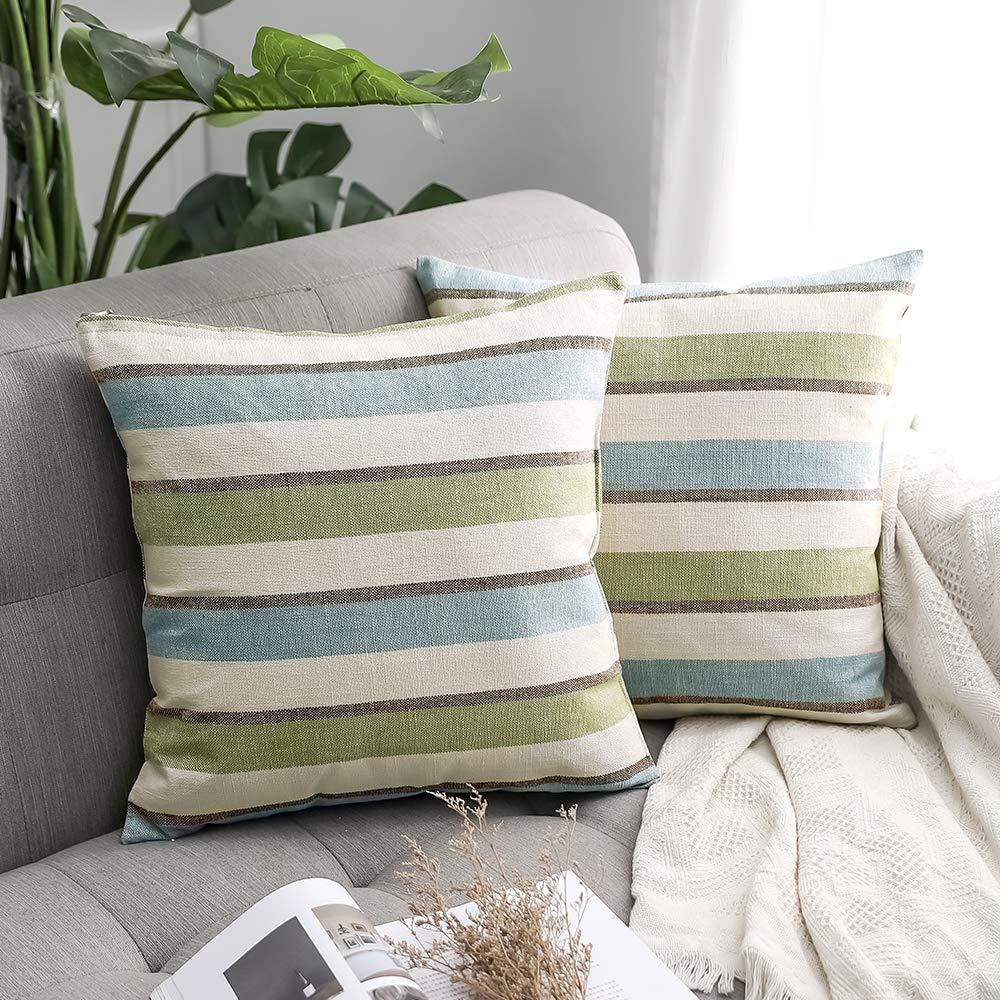 Miulee Green And Blue Decorative Classic Retro Stripe Throw Pillow Covers Cotton Linen Modern Farmhouse Cushion Case 2 Pack.