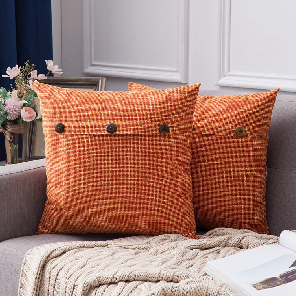 Miulee Orange Decorative Linen Throw Pillow Covers Triple Button Vintage Farmhouse Cushion Case 2 Pack.