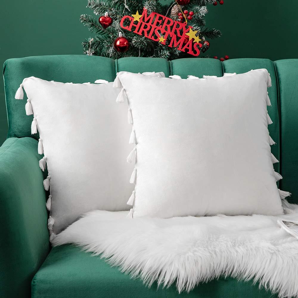 MIULEE Pure White Throw Pillow Cover with Tassels Fringe Velvet Soft Boho Accent Cushion Case 2 Pack.