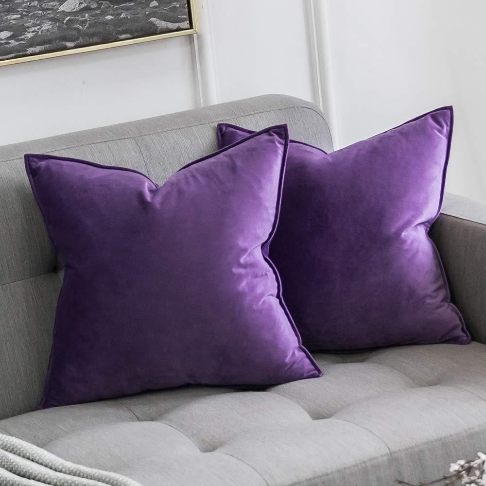 Miulee Purple Decorative Velvet Throw Pillow Cover Soft Soild Square Flanged Cushion Case 2 Pack.