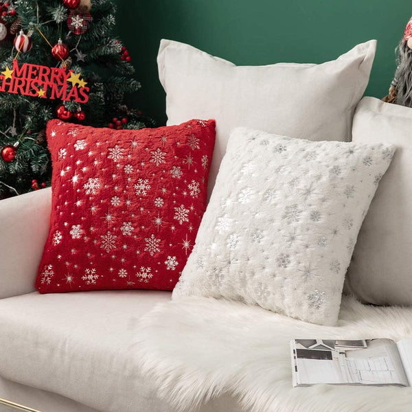 MIULEE Christmas Decorative Throw Pillow Covers, Soft Faux Fur Pillow Cases Covers with Silver Snowflake Glitter Printed Cute Pillowcases 2 Pack.