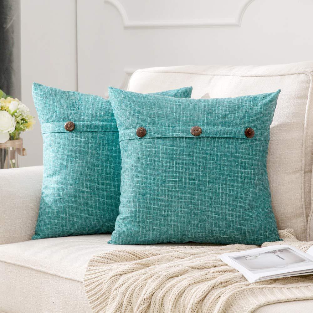 Miulee Turquoise Decorative Linen Throw Pillow Covers Triple Button Vintage Farmhouse Cushion Case 2 Pack.
