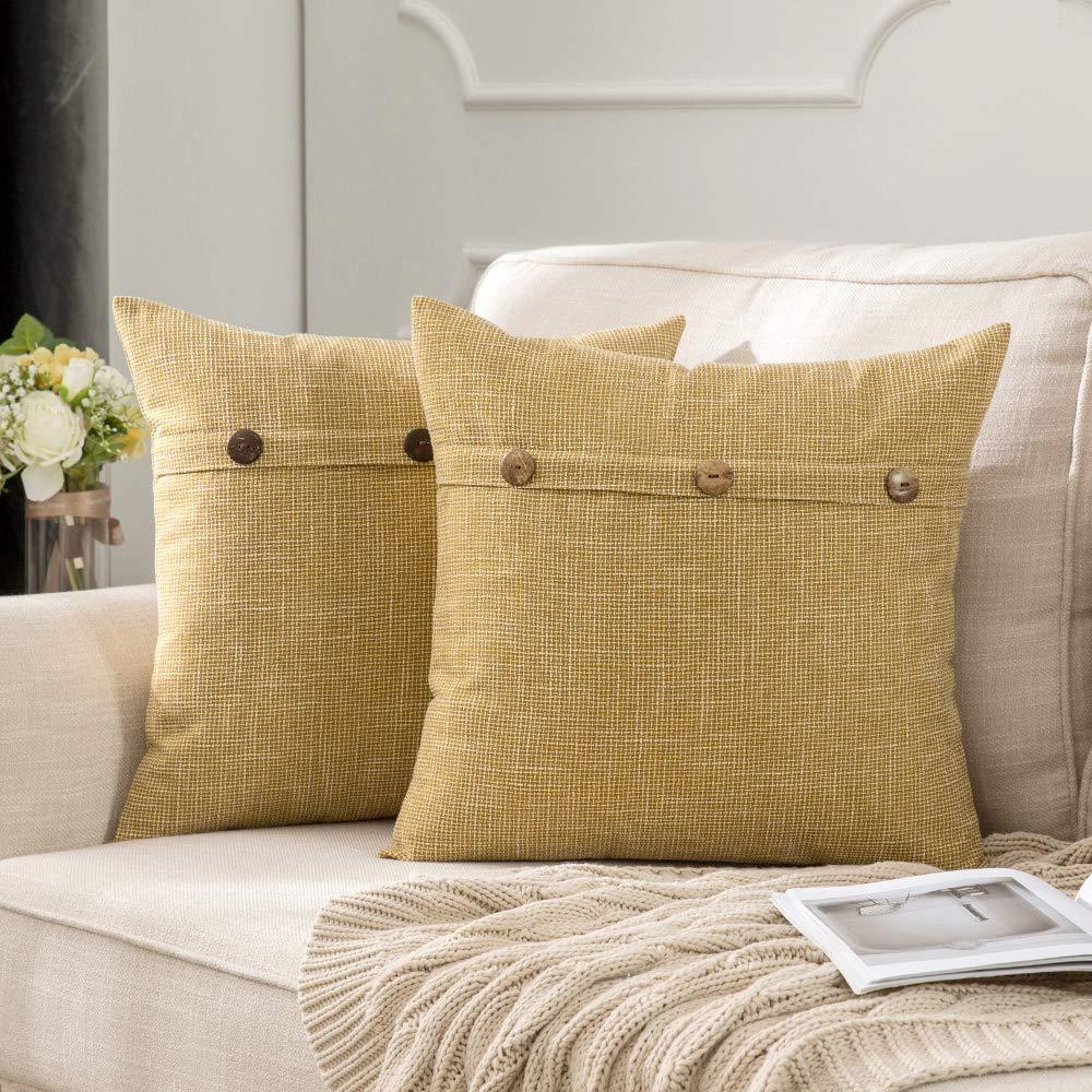 Miulee Yellow Decorative Linen Throw Pillow Covers Triple Button Vintage Farmhouse Cushion Case 2 Pack.