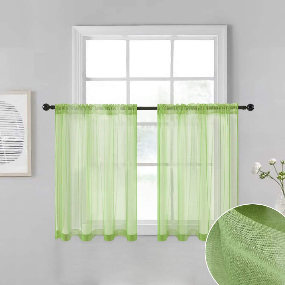 MIULEE Green Sheer Tiers Short Kitchen Curtains, Linen Textured Semi Sheer Voile Drapes for Small Half Window 2 Panels