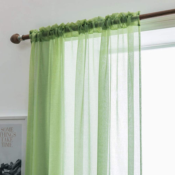 MIULEE Green Sheer Tiers Short Kitchen Curtains, Linen Textured Semi Sheer Voile Drapes for Small Half Window 2 Panels