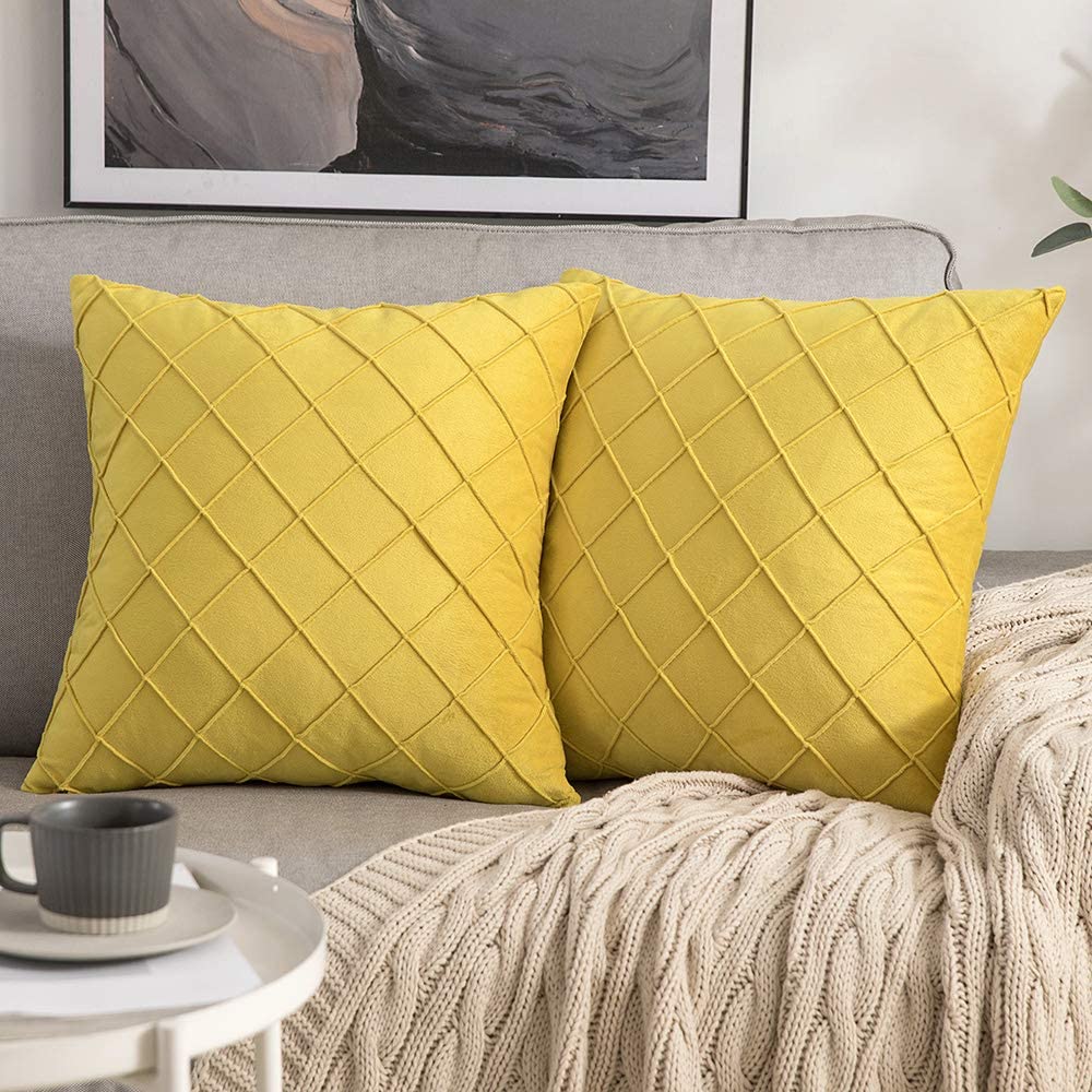 MIULEE Lemon yellow Velvet Throw Pillow Cover Decorative Square Soft Solid Pillowcase 2 Pack.