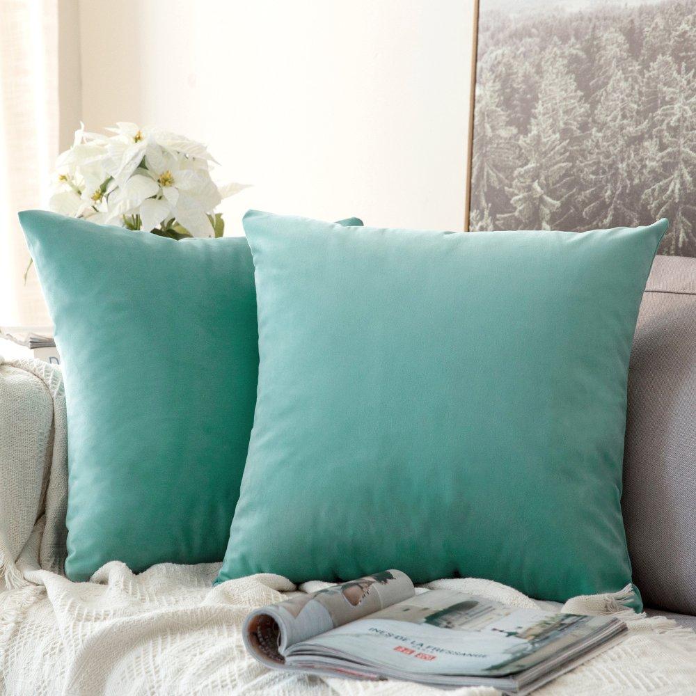 Miulee Velvet Pillow Covers Aqua Green Decorative Square Pillowcase Soft Solid Cushion Case 2 Pack.