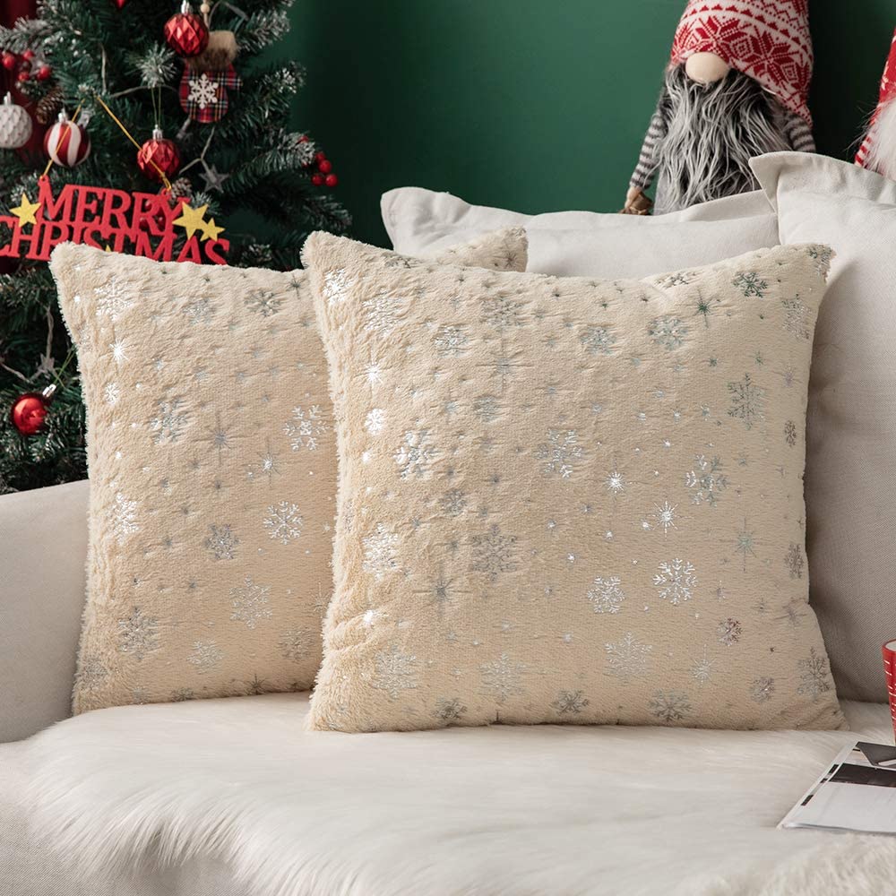 MIULEE Beige Decorative Throw Pillow Covers, Soft Faux Fur Pillow Cases Covers with Silver Snowflake Glitter Printed Cute Pillowcases 2 Pack.