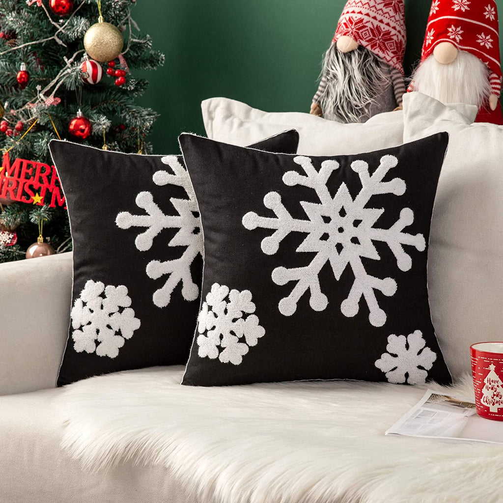 MIULEE Black Canvas Decorative Christmas Snowflake Throw Pillow Covers Embroidery Cushion Cases 2 Pack.