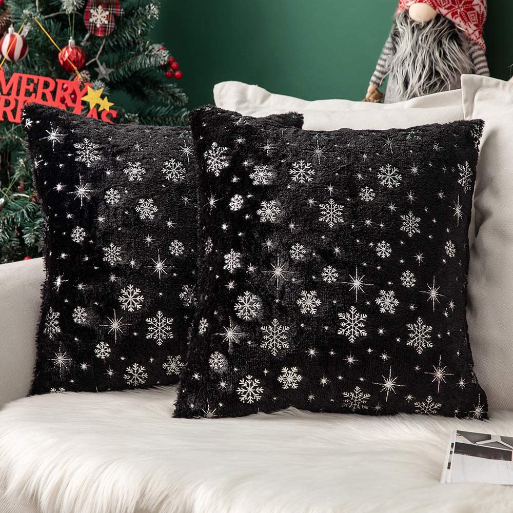 MIULEE Black Decorative Throw Pillow Covers, Soft Faux Fur Pillow Cases Covers with Silver Snowflake Glitter Printed Cute Pillowcases 2 Pack.