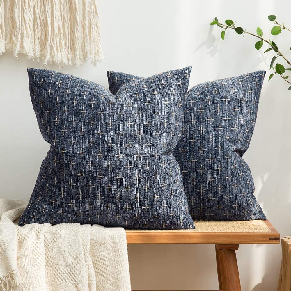 MIULEE Blue Decorative Burlap Linen Throw Pillow Covers Modern Farmhouse Pillowcase Rustic Woven Textured Cushion Cover 2 Pack
