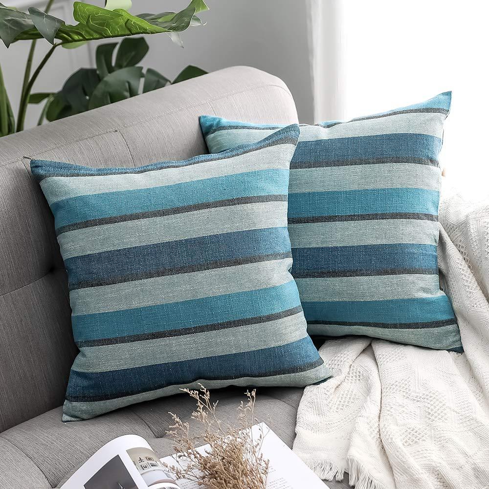 Miulee Blue Decorative Classic Retro Stripe Throw Pillow Covers Cotton Linen Modern Farmhouse Cushion Case 2 Pack.