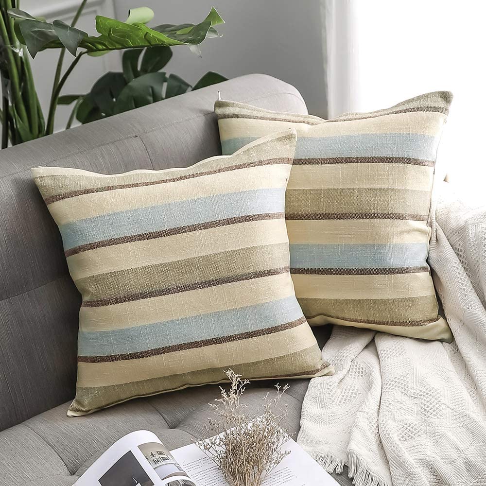 Miulee Decorative Classic Retro Stripe Throw Pillow Covers Cotton Linen Modern Farmhouse Cushion Case 2 Pack.