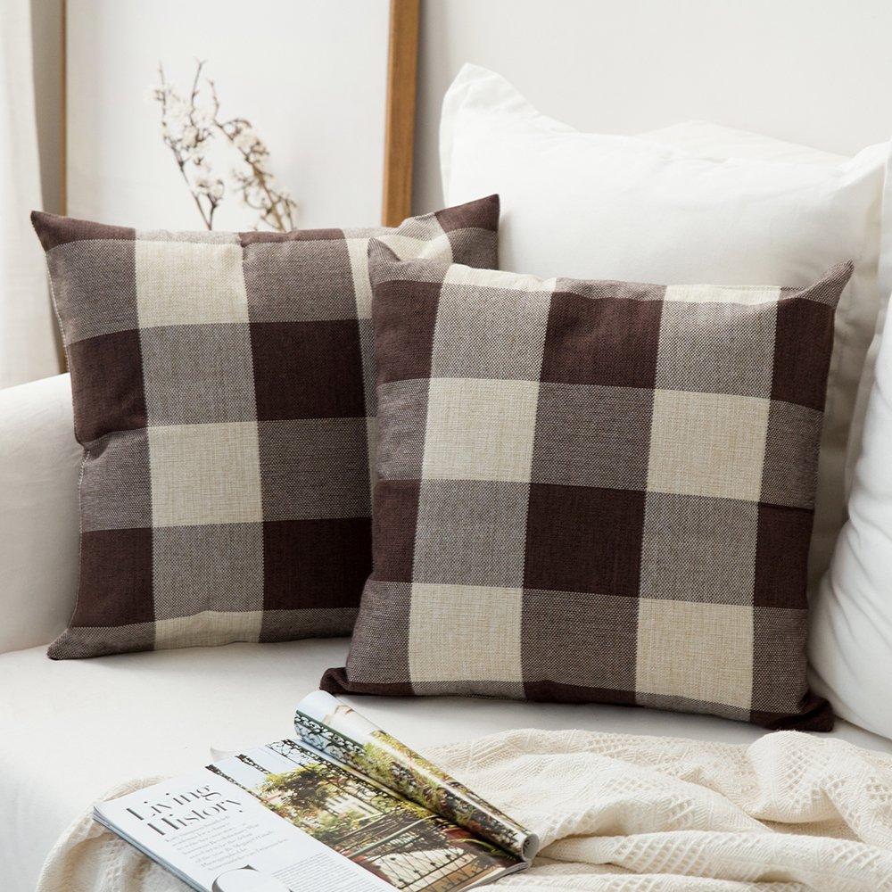 Miulee Brown and White Linen Soft Solid Decorative Throw Pillow Covers Home Decor Design Classic Retro Checkers Plaids Cotton Cushion Case 2 Pack.