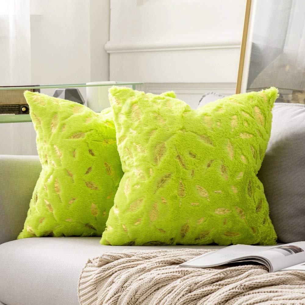 Miulee Chartreuse Throw Pillow Covers Plush Faux Fur with Gold Feathers Gilding Leaves Cushion Cases 2 Pack.