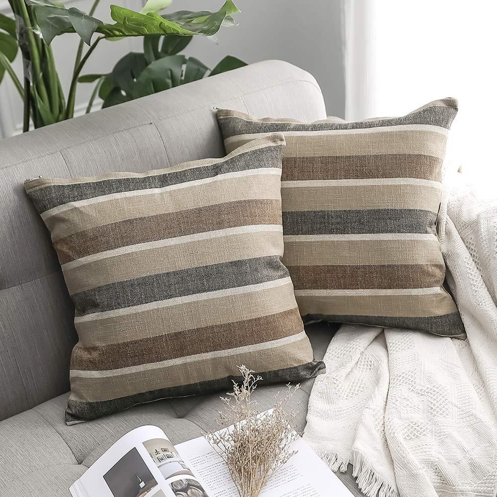 Miulee Coffee Decorative Classic Retro Stripe Throw Pillow Covers Cotton Linen Modern Farmhouse Cushion Case 2 Pack.