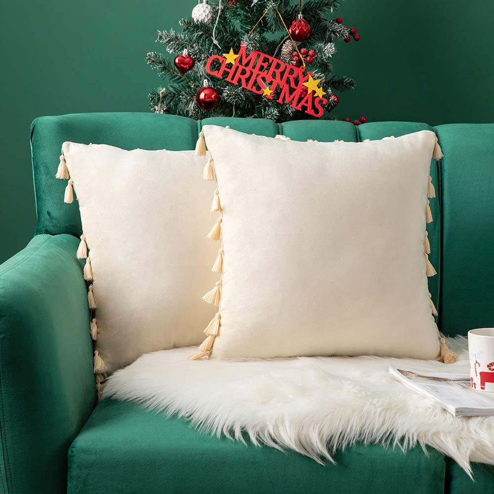 MIULEE Cream White Throw Pillow Cover with Tassels Fringe Velvet Soft Boho Accent Cushion Case 2 Pack.