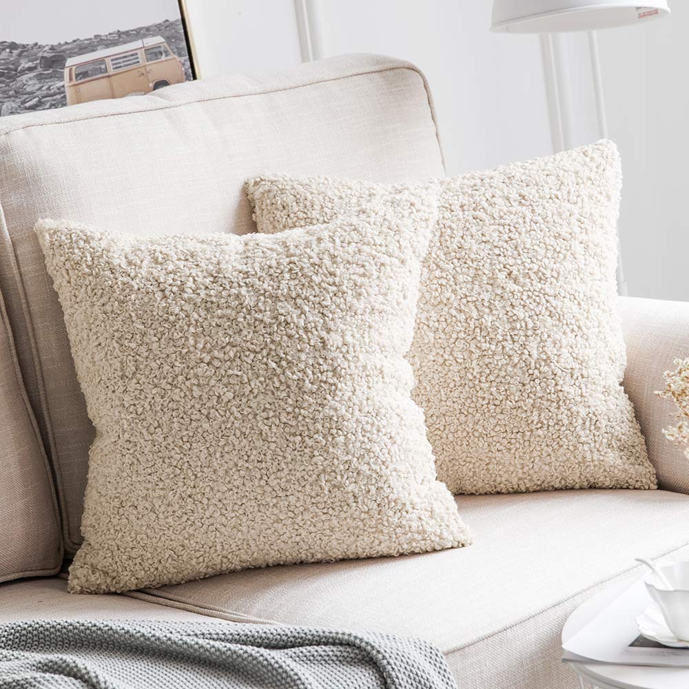 Miulee Cream White Decorative Faux Fur Throw Pillow Covers Super Soft Wool Pillow Cases Cushion Covers 2 Pack.