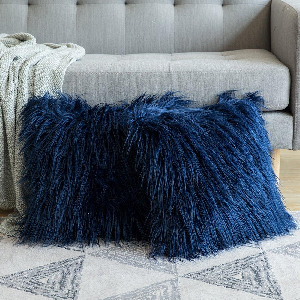 Miulee Dark Blue Faux Fur Throw Pillow Cover Decorative New Luxury Series Style Cushion Case 2 Pack.