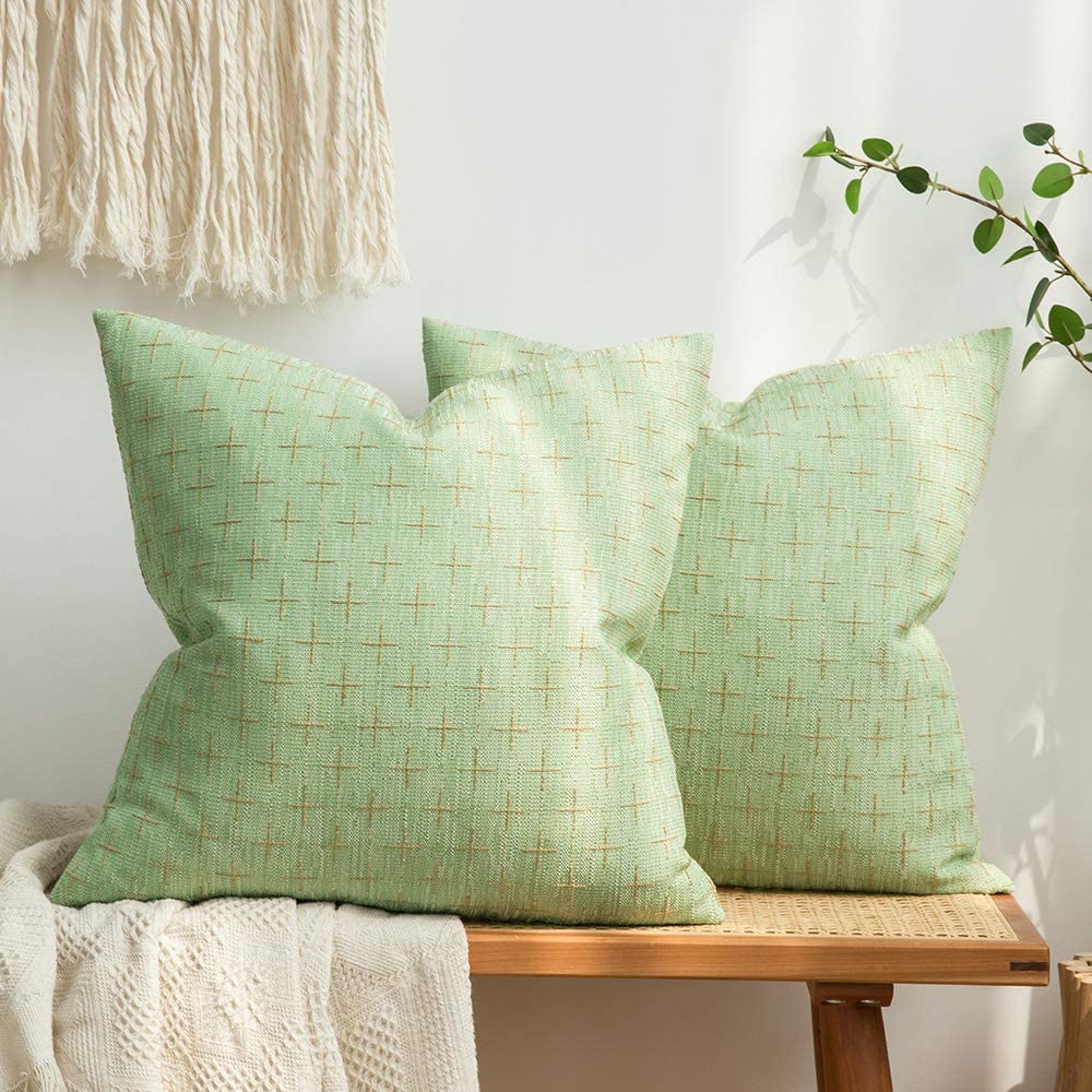 MIULEE Green Decorative Burlap Linen Throw Pillow Covers Modern Farmhouse Pillowcase Rustic Woven Textured Cushion Cover 2 Pack