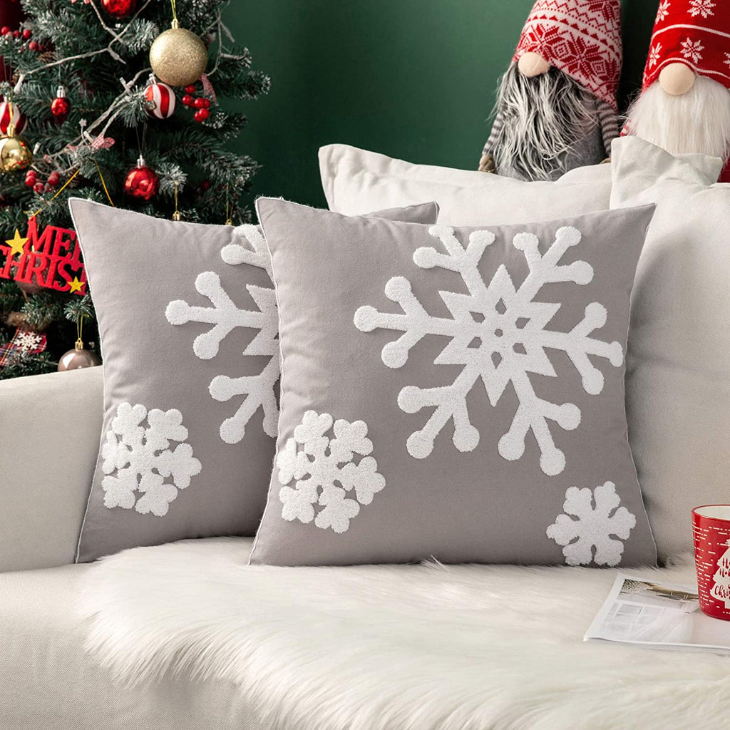 MIULEE Grey Canvas Decorative Christmas Snowflake Throw Pillow Covers Embroidery Cushion Cases 2 Pack.
