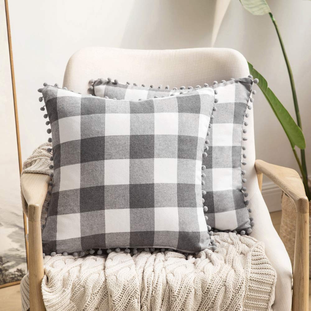 Miulee Grey And White Retro Farmhouse Buffalo Plaid Check Pillow Cases with Pom Poms Decorative Throw Pillow Covers Cushion Case 2 Pack.