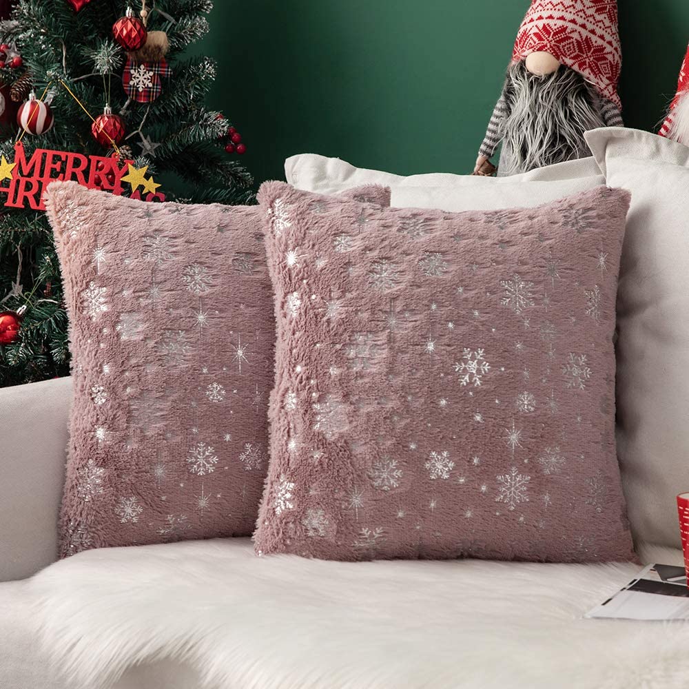 MIULEE Heather Pink Decorative Throw Pillow Covers, Soft Faux Fur Pillow Cases Covers with Silver Snowflake Glitter Printed Cute Pillowcases 2 Pack.
