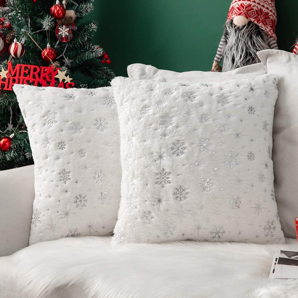 MIULEE Christmas Decorative Throw Pillow Covers, Soft Faux Fur Pillow Cases Covers with Silver Snowflake Glitter Printed Cute Pillowcases 2 Pack.