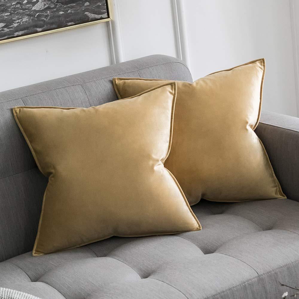 Miulee Khaki Decorative Velvet Throw Pillow Cover Soft Soild Square Flanged Cushion Case 2 Pack.