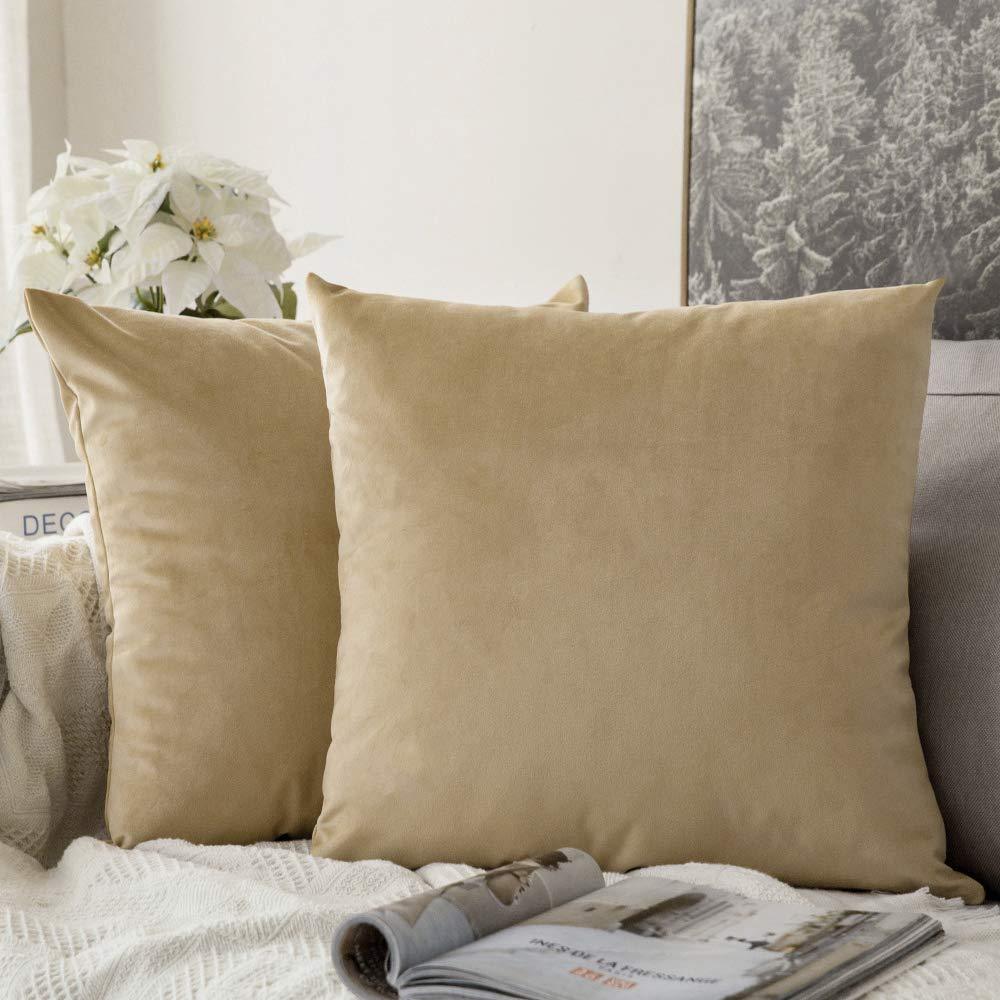 Miulee Velvet Pillow Covers Khaki Decorative Square Pillowcase Soft Solid Cushion Case 2 Pack.