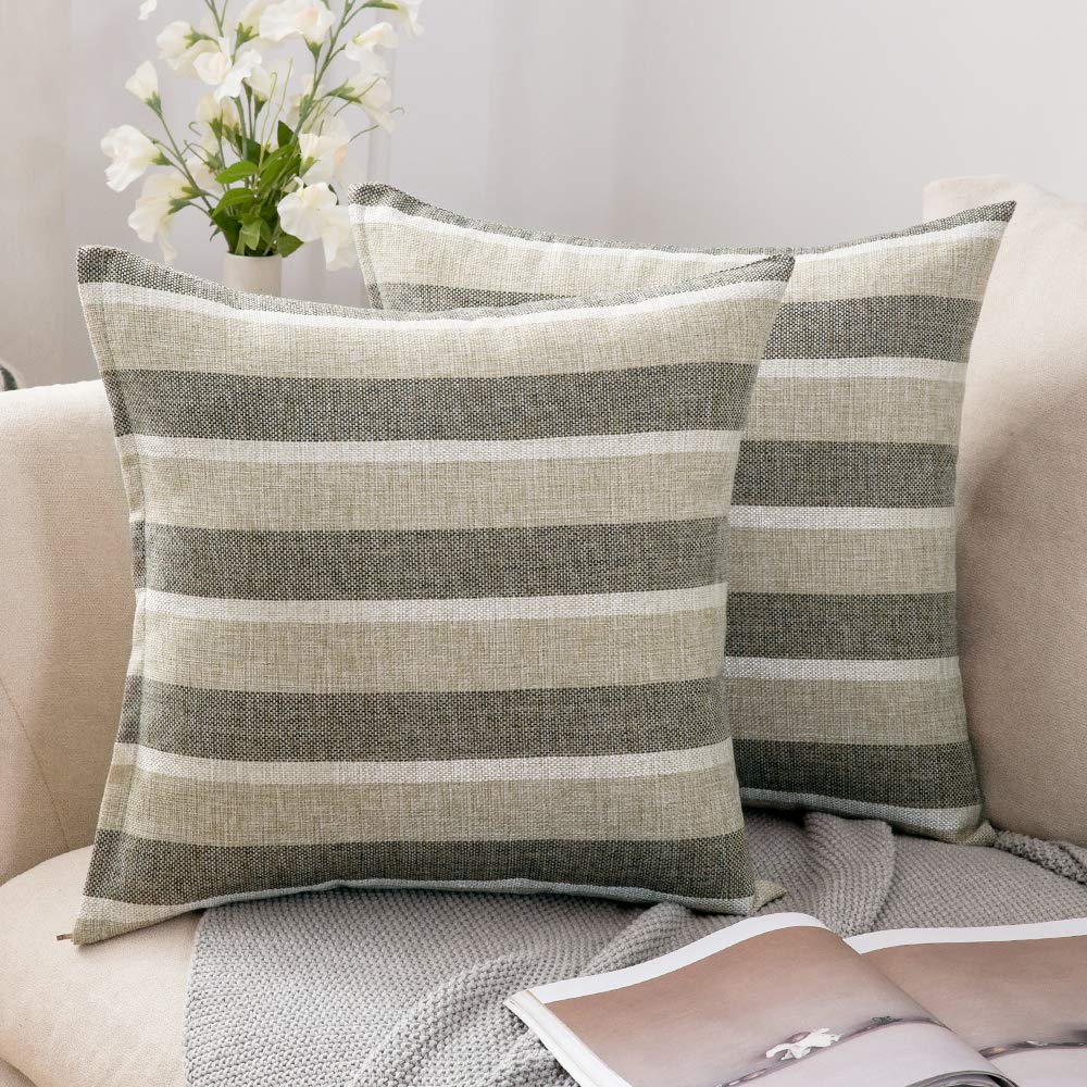 Miulee Khaki Decorative Classic Retro Stripe Throw Pillow Covers Cotton Linen Modern Farmhouse Cushion Case 2 Pack.