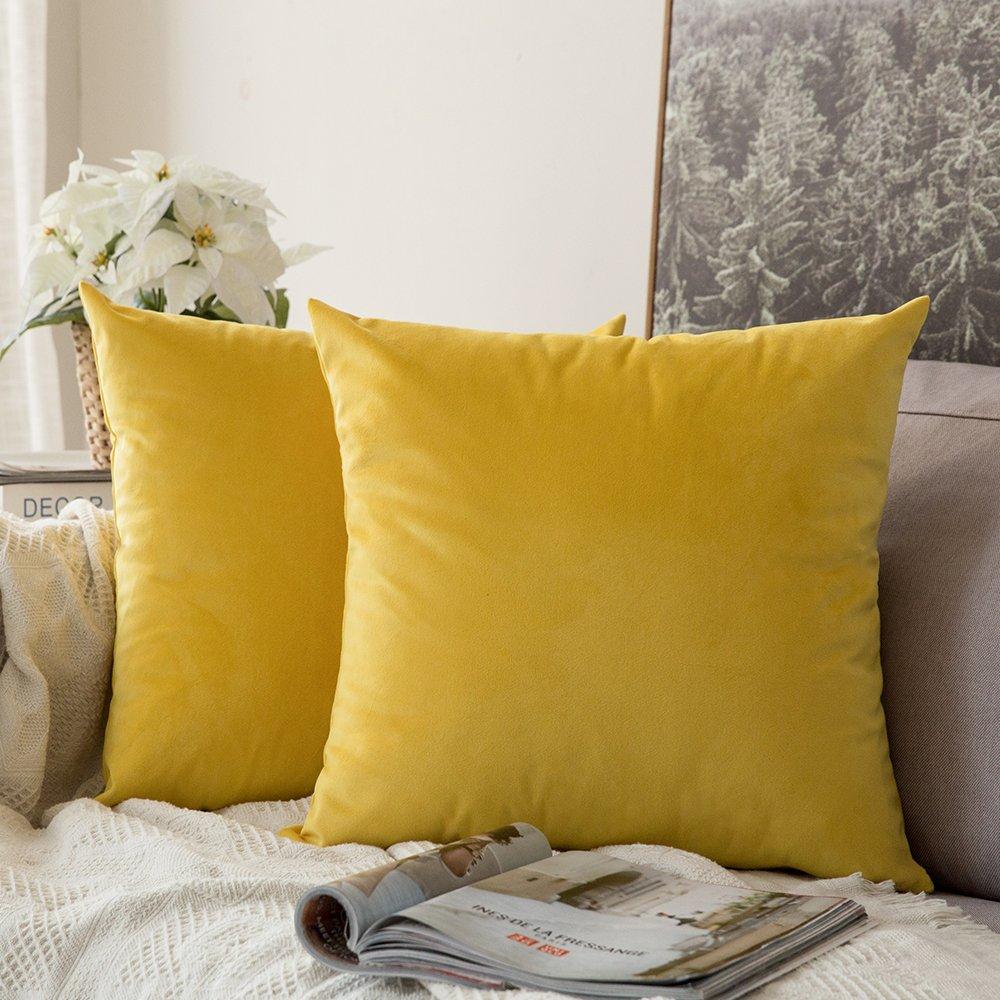 Miulee Velvet Pillow Covers Lemon Yellow Decorative Square Pillowcase Soft Solid Cushion Case 2 Pack.
