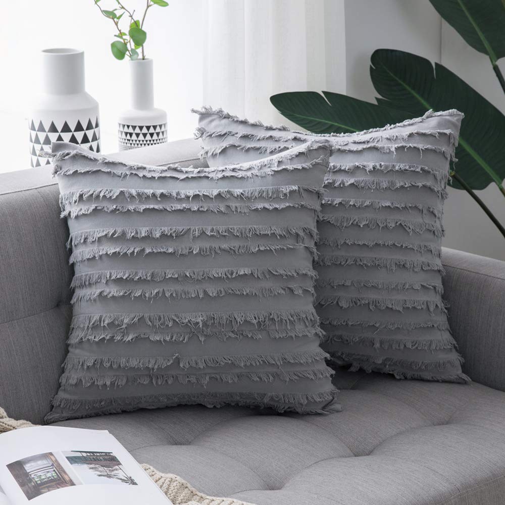 Miulee Light Grey Decorative Boho Throw Pillow Covers Cotton Linen Striped Jacquard Pattern Cushion Covers 2 Pack.