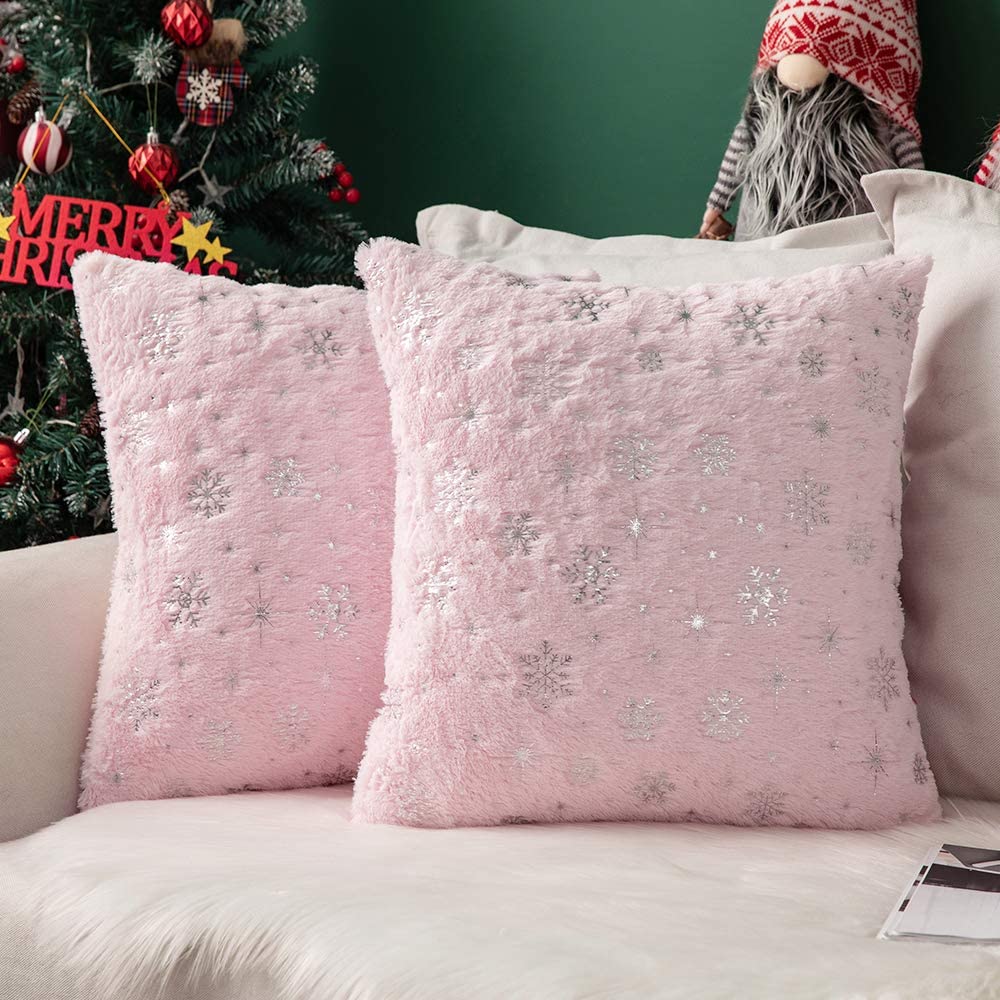 MIULEE Light Pink Decorative Throw Pillow Covers, Soft Faux Fur Pillow Cases Covers with Silver Snowflake Glitter Printed Cute Pillowcases 2 Pack.