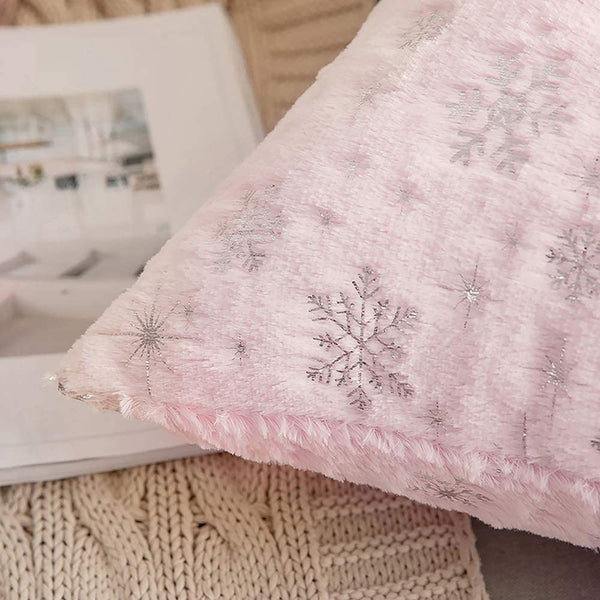 MIULEE Light Pink Decorative Throw Pillow Covers, Soft Faux Fur Pillow Cases Covers with Silver Snowflake Glitter Printed Cute Pillowcases 2 Pack.